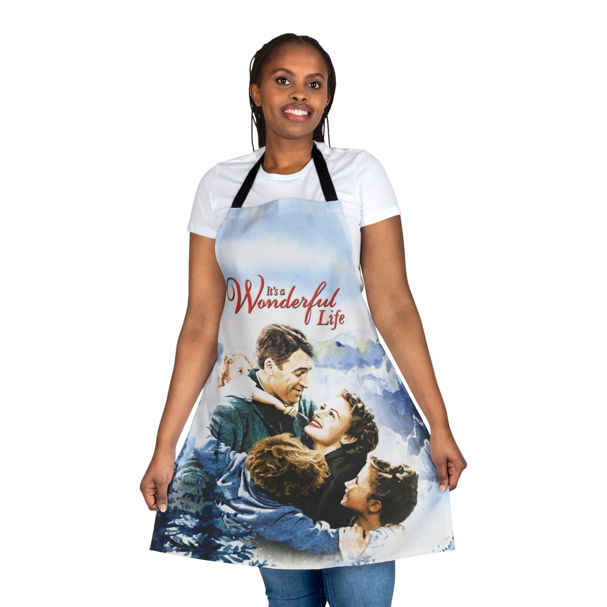 Vintage-style apron with a winter landscape scene from the classic Christmas movie "It's a Wonderful Life"