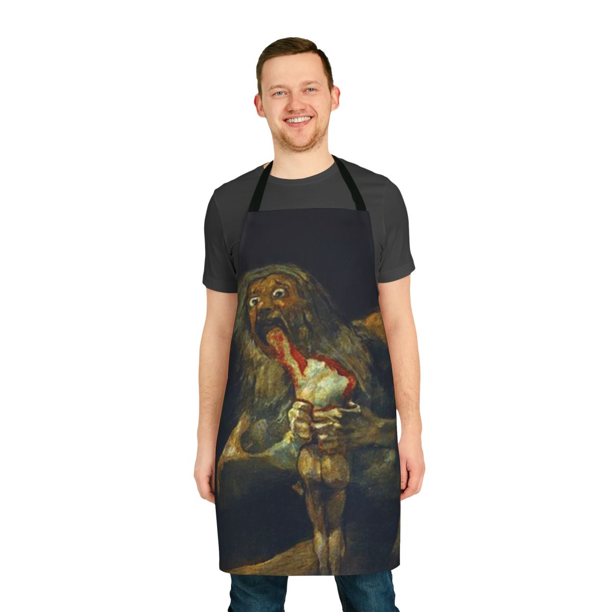 Vintage-style apron with the artwork "Saturn Devouring His Son" by the Spanish Romantic artist Francisco Goya.