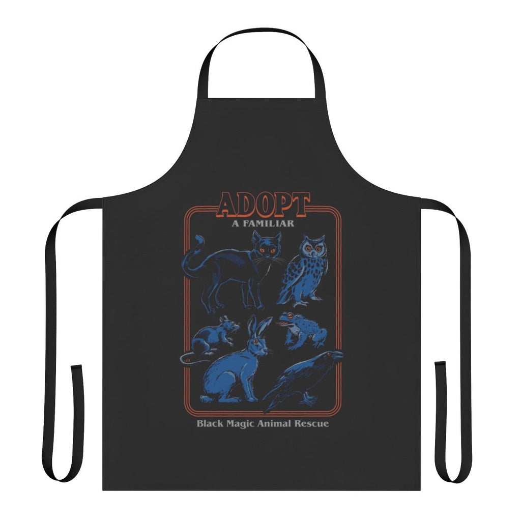 A black apron with a vintage-inspired design featuring various animals like cats, owls, crows, rats, rabbits, and toads.