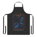 A black apron with a vintage-inspired design featuring various animals like cats, owls, crows, rats, rabbits, and toads.