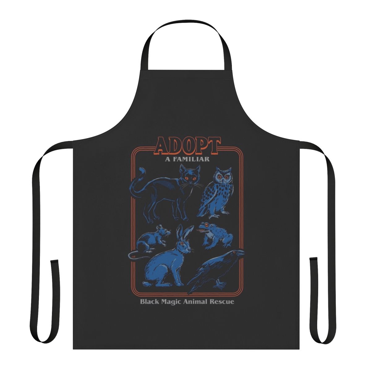 A black apron with a vintage-inspired design featuring various animals like cats, owls, crows, rats, rabbits, and toads.