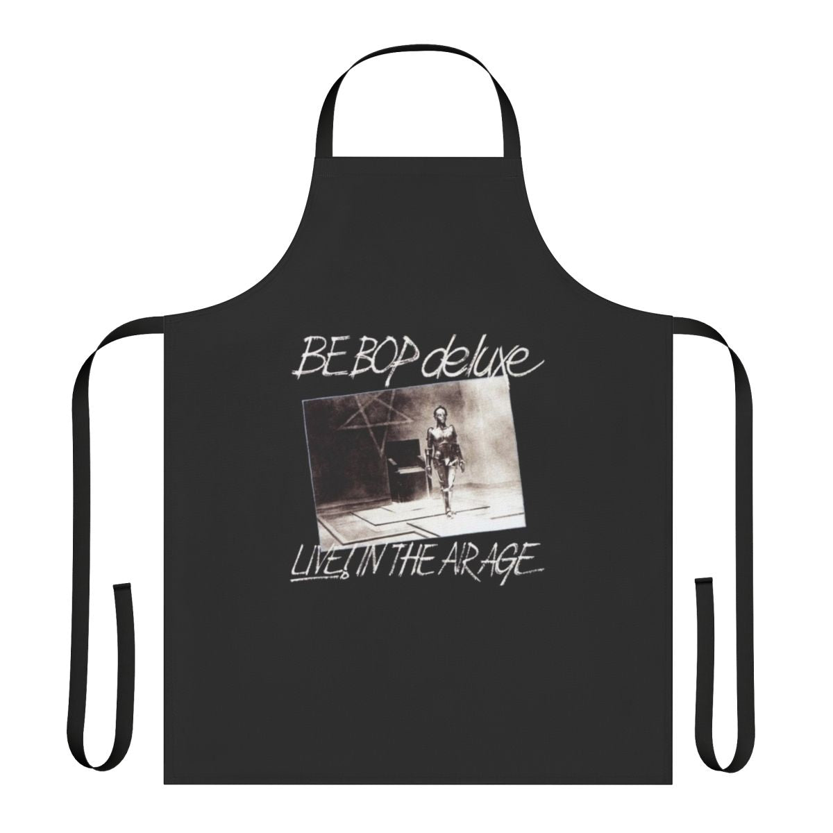 Retro-inspired apron featuring the logo of the 1970s new wave band Be Bop Deluxe