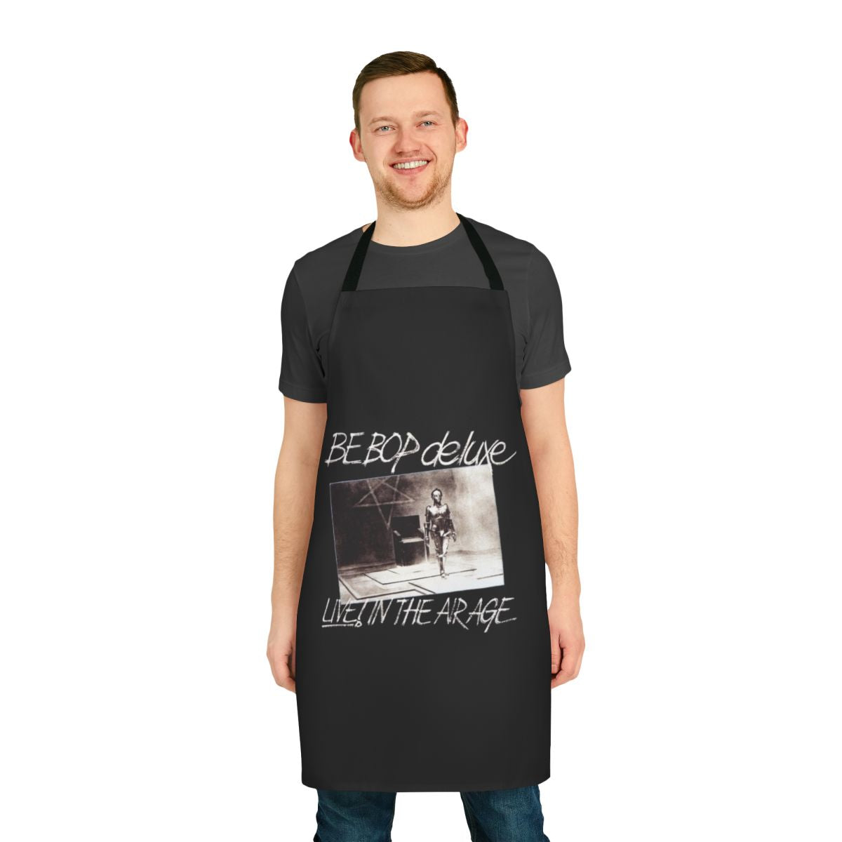 Retro-inspired apron featuring the logo of the 1970s new wave band Be Bop Deluxe