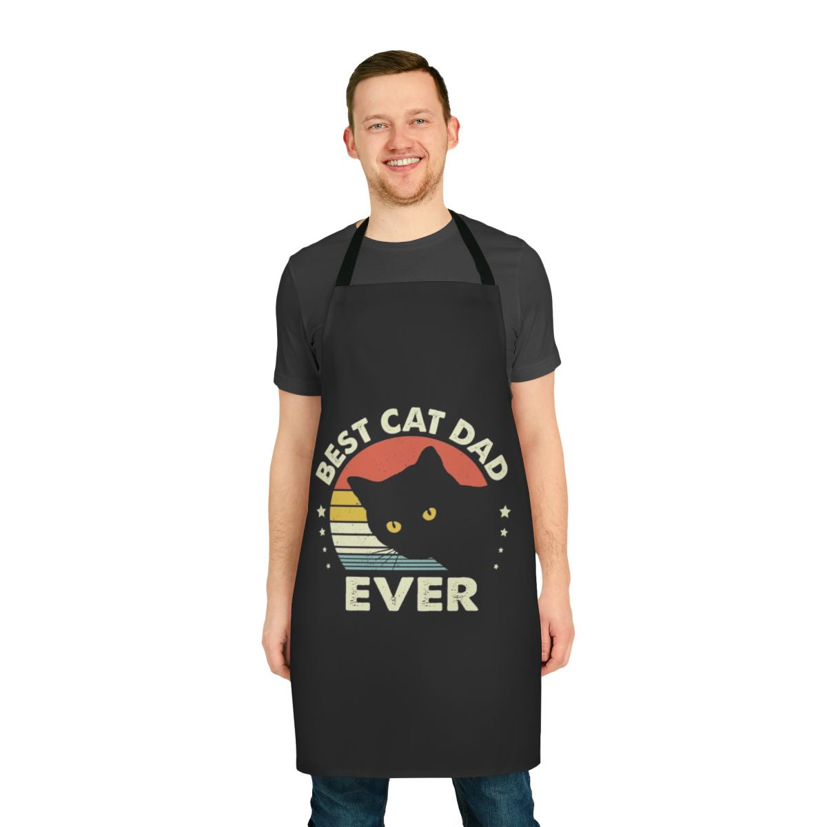 Vintage-inspired black cat dad apron with "Best Cat Dad Ever" text