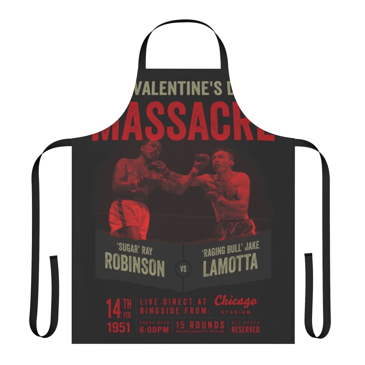 Vintage-style boxing shirt apron featuring the iconic Sugar Ray Robinson vs. Jake LaMotta fight