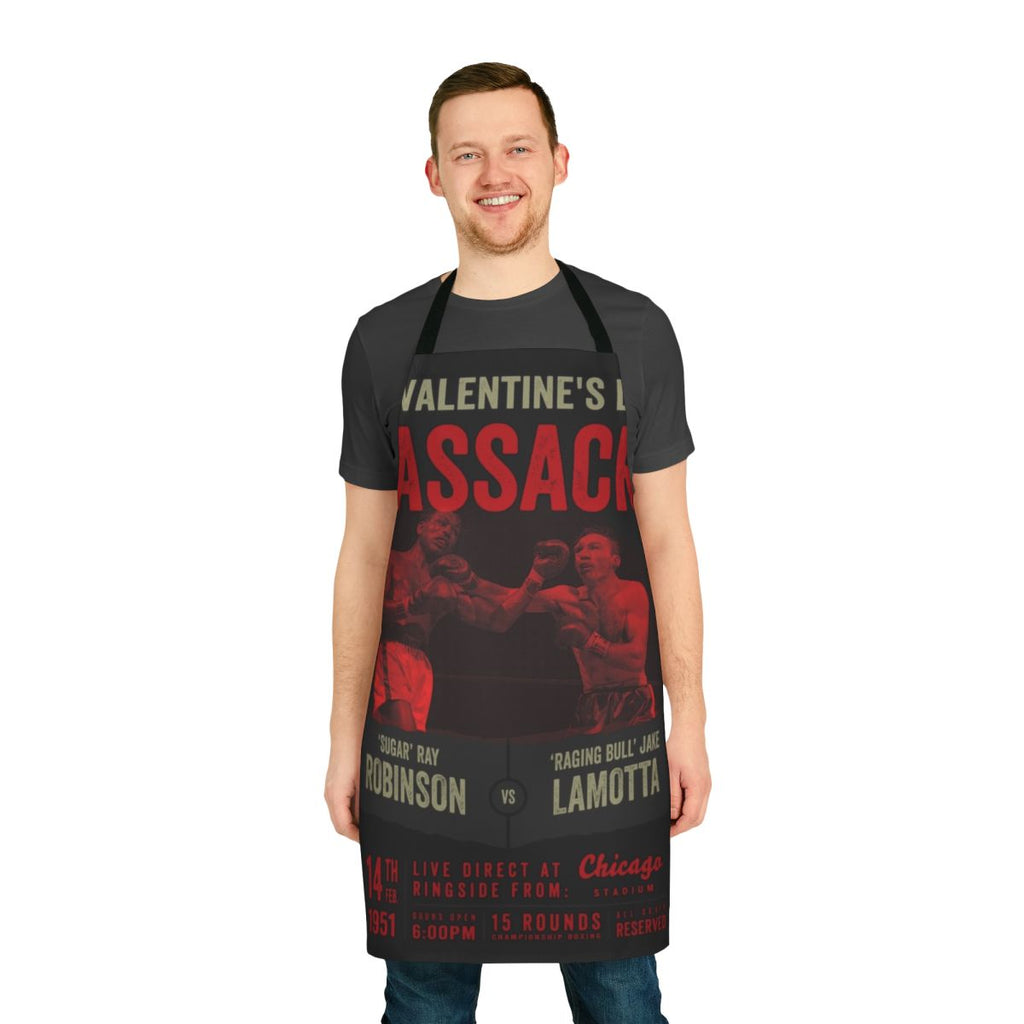 Vintage-style boxing shirt apron featuring the iconic Sugar Ray Robinson vs. Jake LaMotta fight