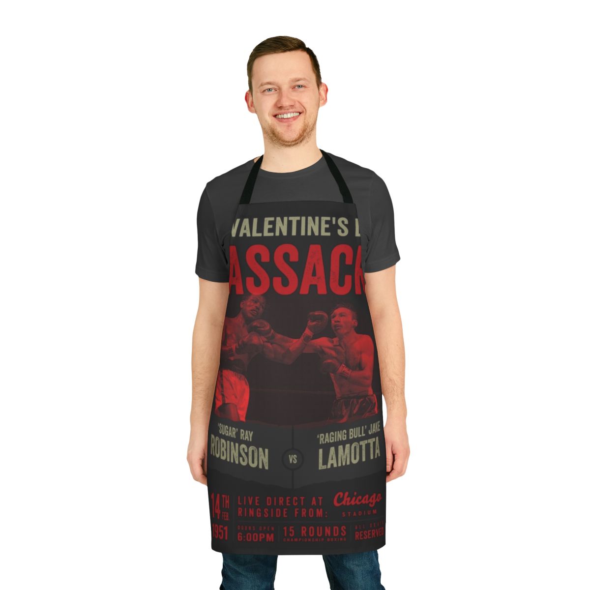 Vintage-style boxing shirt apron featuring the iconic Sugar Ray Robinson vs. Jake LaMotta fight
