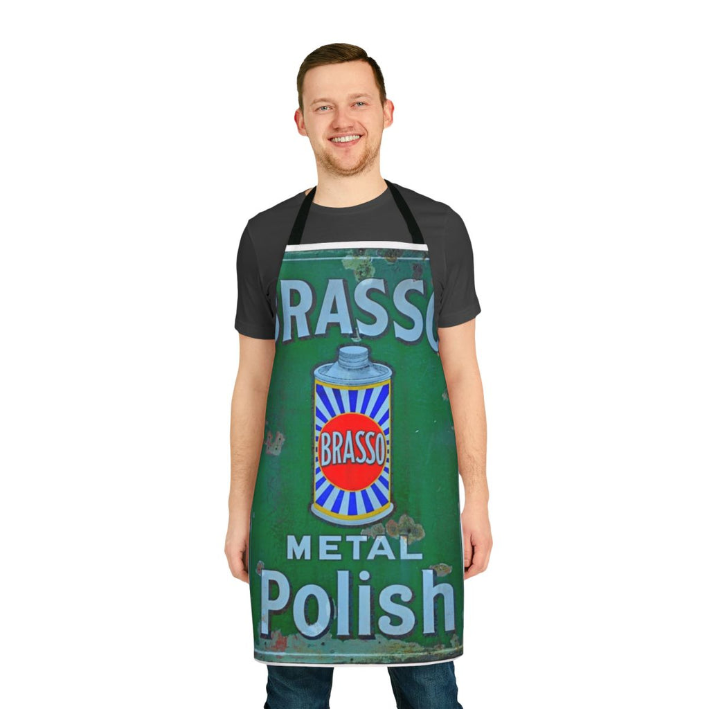 Vintage-inspired Brasso enamel sign apron with retro metal polish design