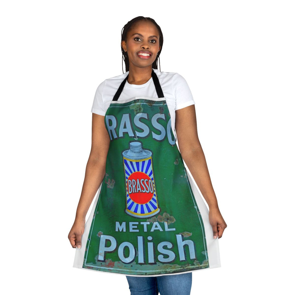 Vintage-inspired Brasso enamel sign apron with retro metal polish design