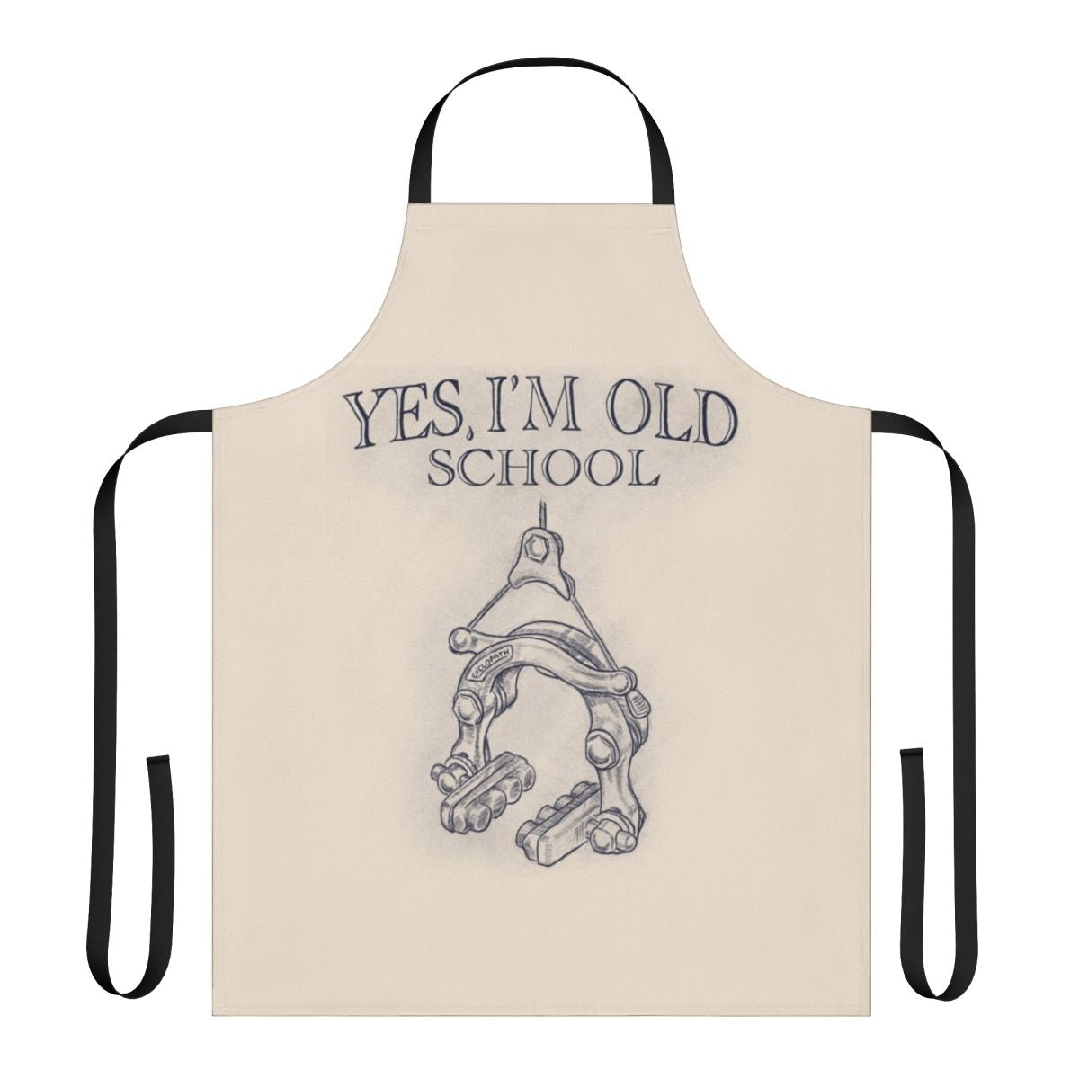 Vintage-style cycling apron featuring a classic brake caliper design, perfect for bike mechanics and cycling enthusiasts