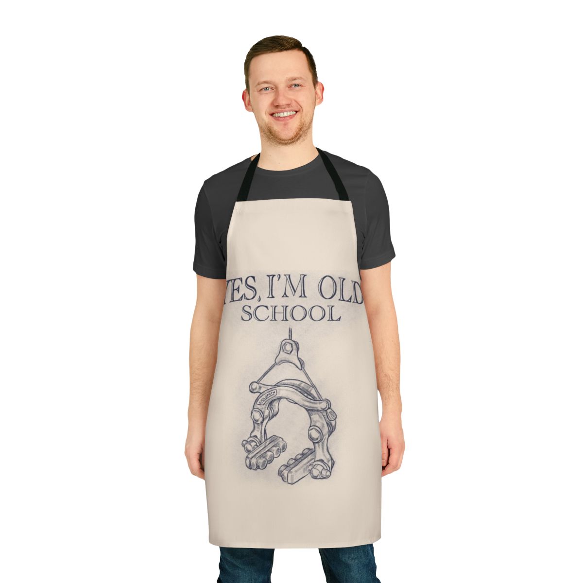 Vintage-style cycling apron featuring a classic brake caliper design, perfect for bike mechanics and cycling enthusiasts