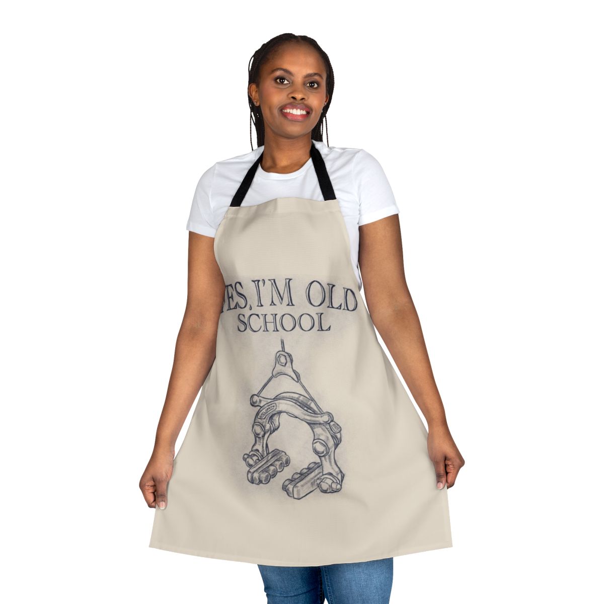 Vintage-style cycling apron featuring a classic brake caliper design, perfect for bike mechanics and cycling enthusiasts