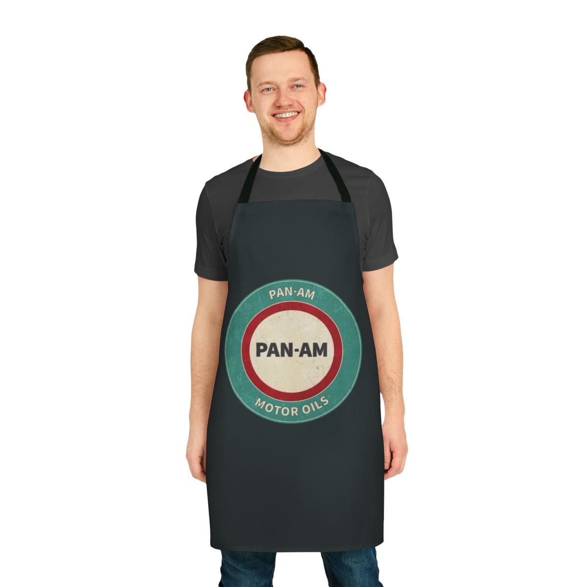 Vintage-style distressed apron featuring the iconic Pan Am American Motor Oils branding and design