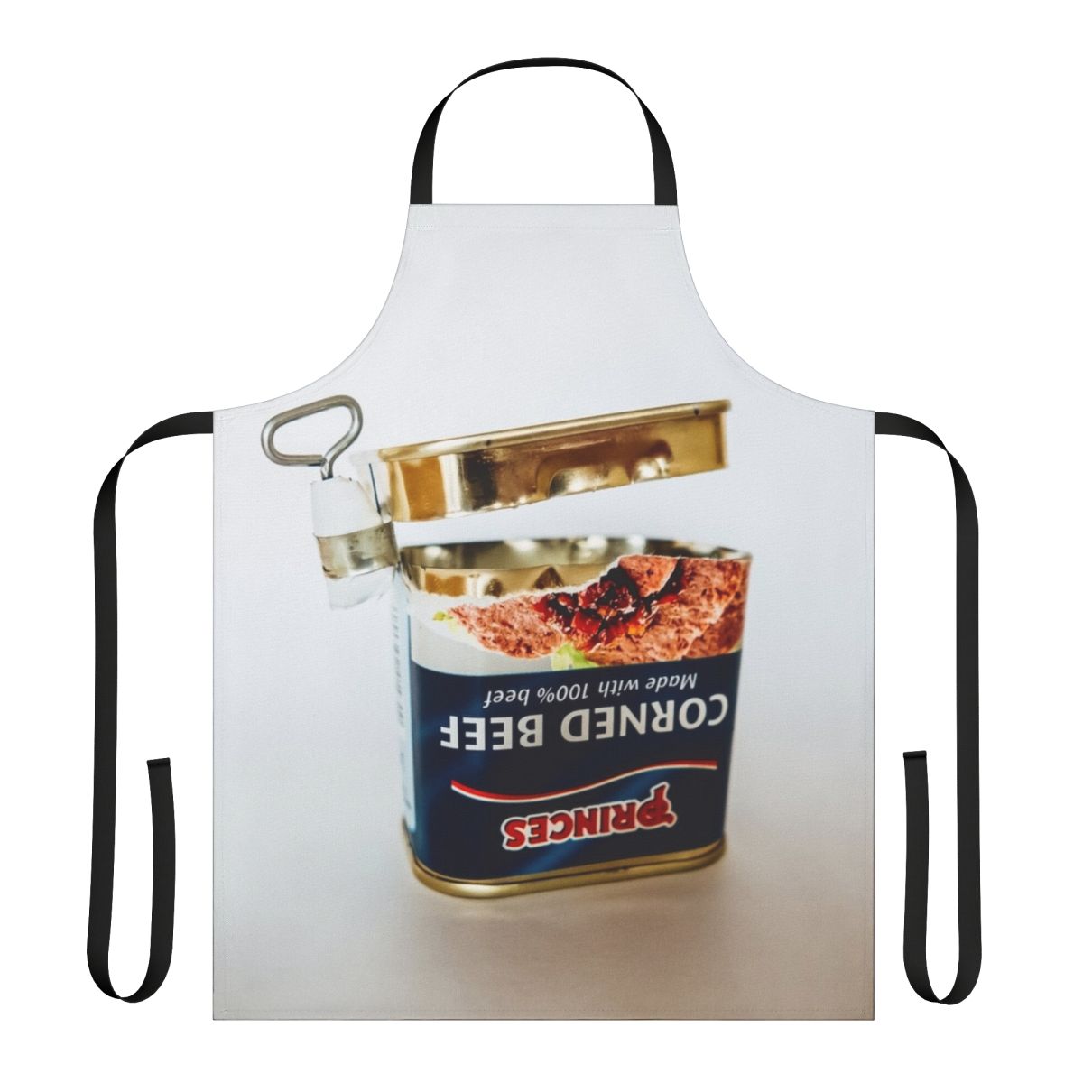 Apron with a graphic of an empty tin can of corned beef