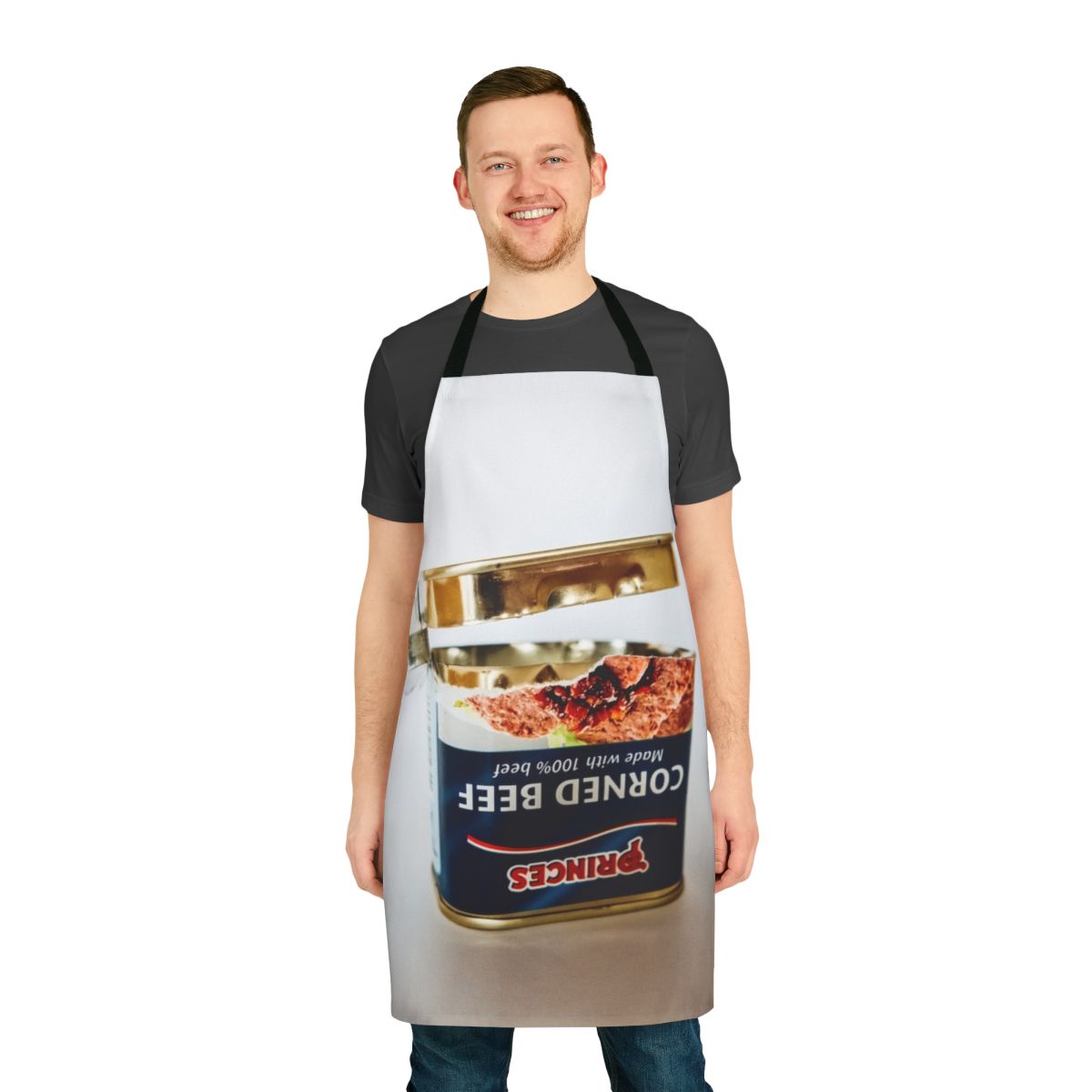 Apron with a graphic of an empty tin can of corned beef