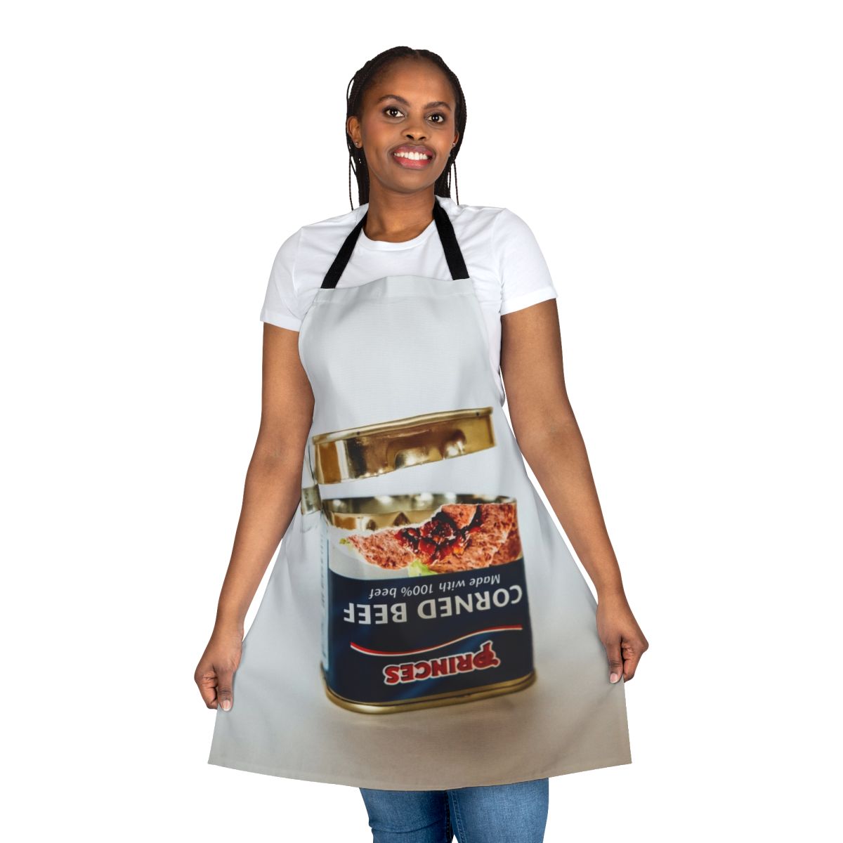 Apron with a graphic of an empty tin can of corned beef
