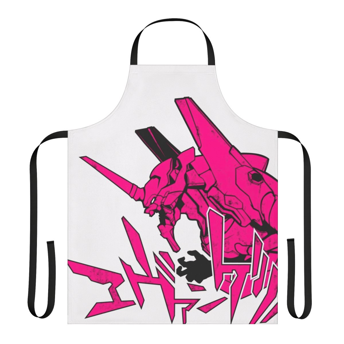Vintage-style pink apron featuring Evangelion-inspired stencil art design