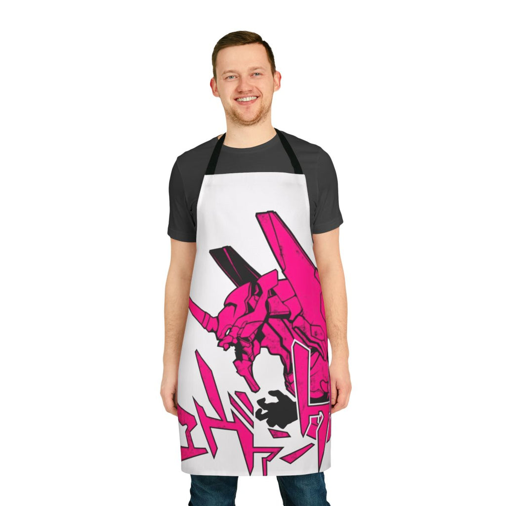 Vintage-style pink apron featuring Evangelion-inspired stencil art design