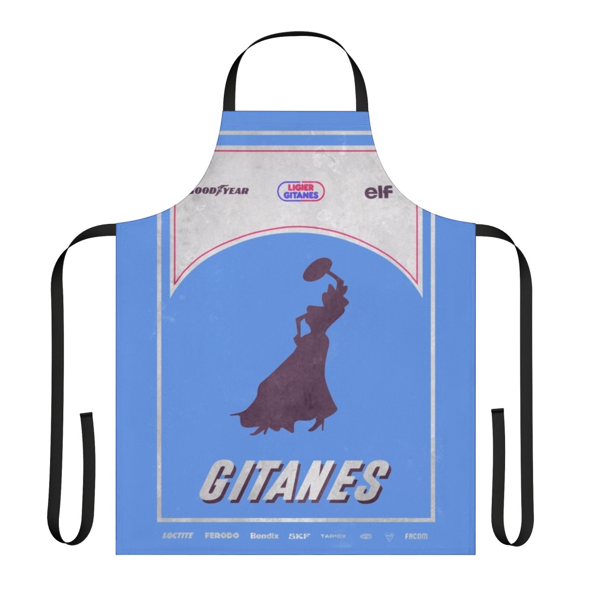 Retro-inspired Formula 1 racing apron featuring the Ligier JS11 design from the 1980s
