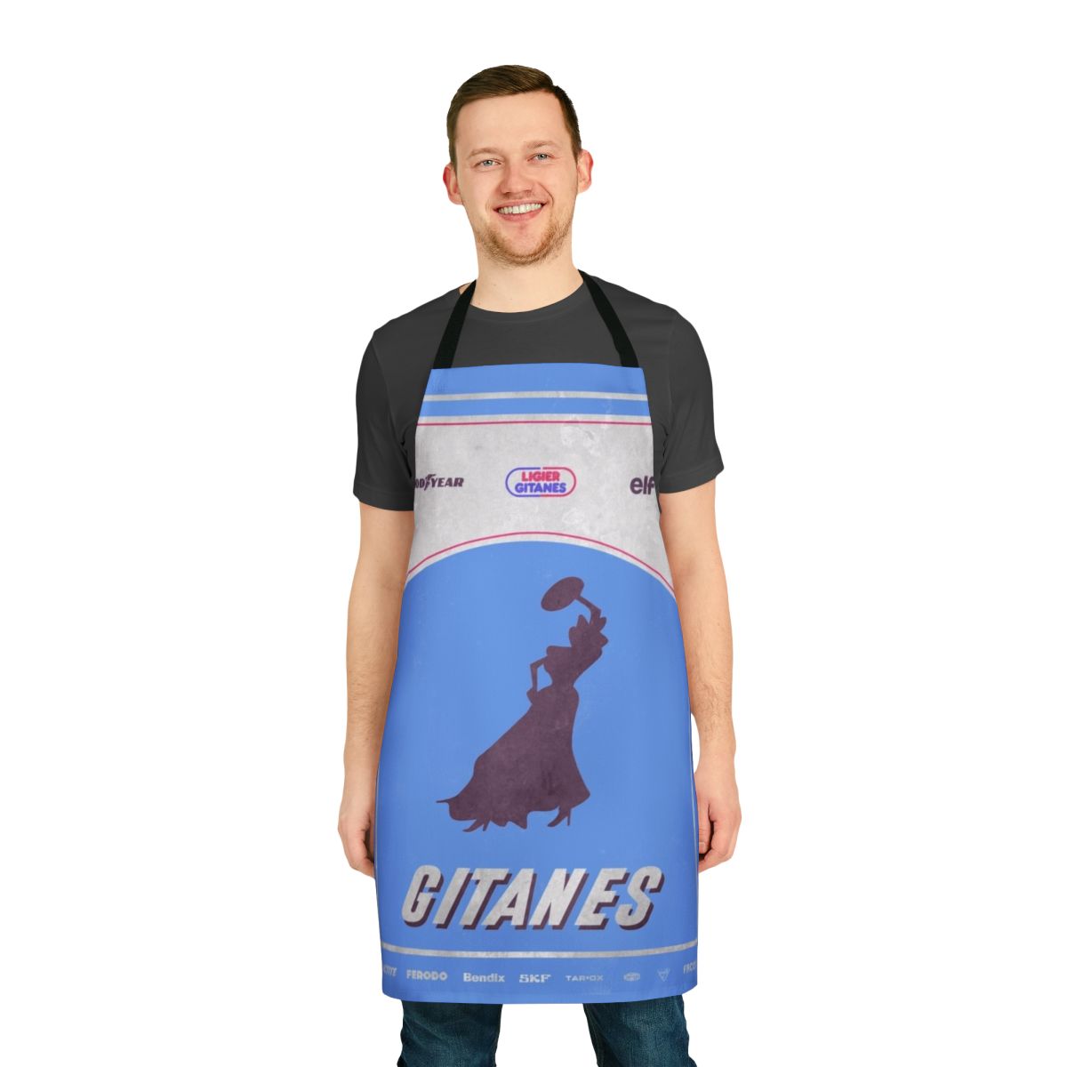 Retro-inspired Formula 1 racing apron featuring the Ligier JS11 design from the 1980s