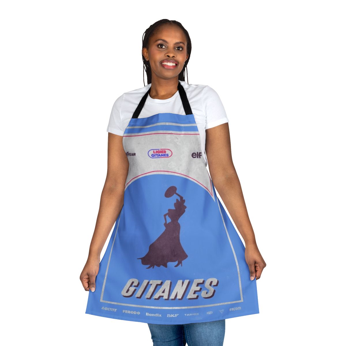 Retro-inspired Formula 1 racing apron featuring the Ligier JS11 design from the 1980s