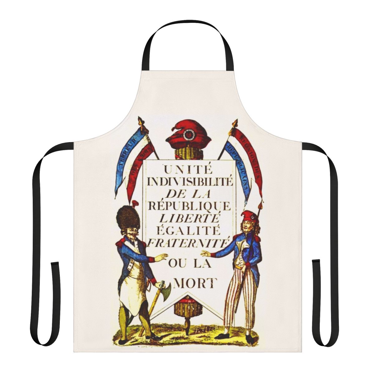 Vintage-style apron featuring French Revolution imagery and slogans