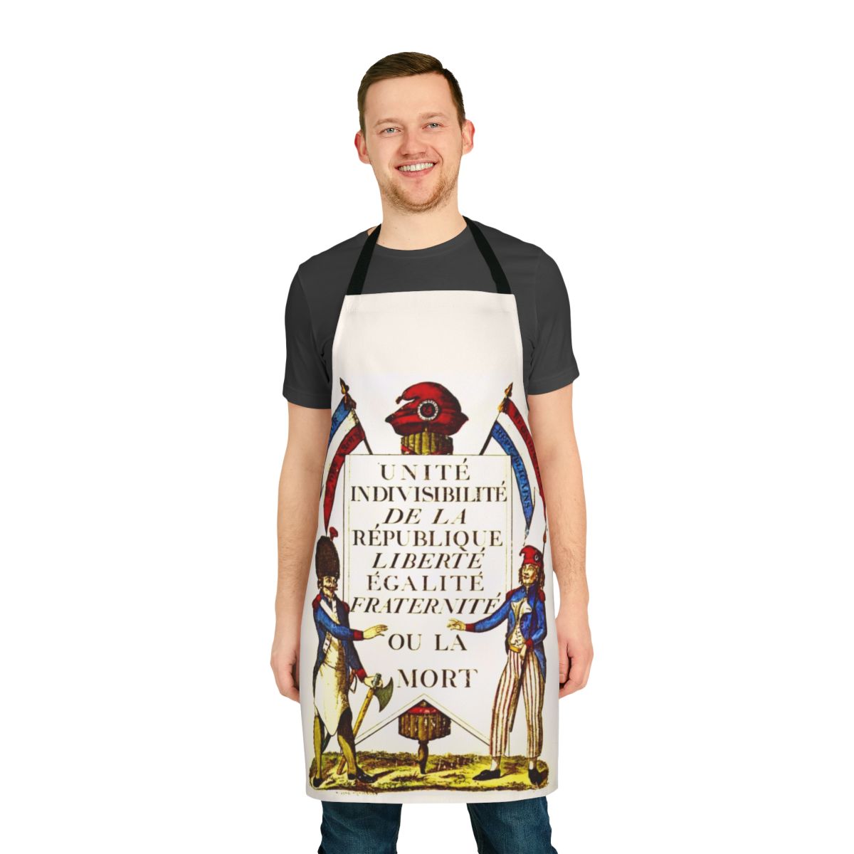 Vintage-style apron featuring French Revolution imagery and slogans