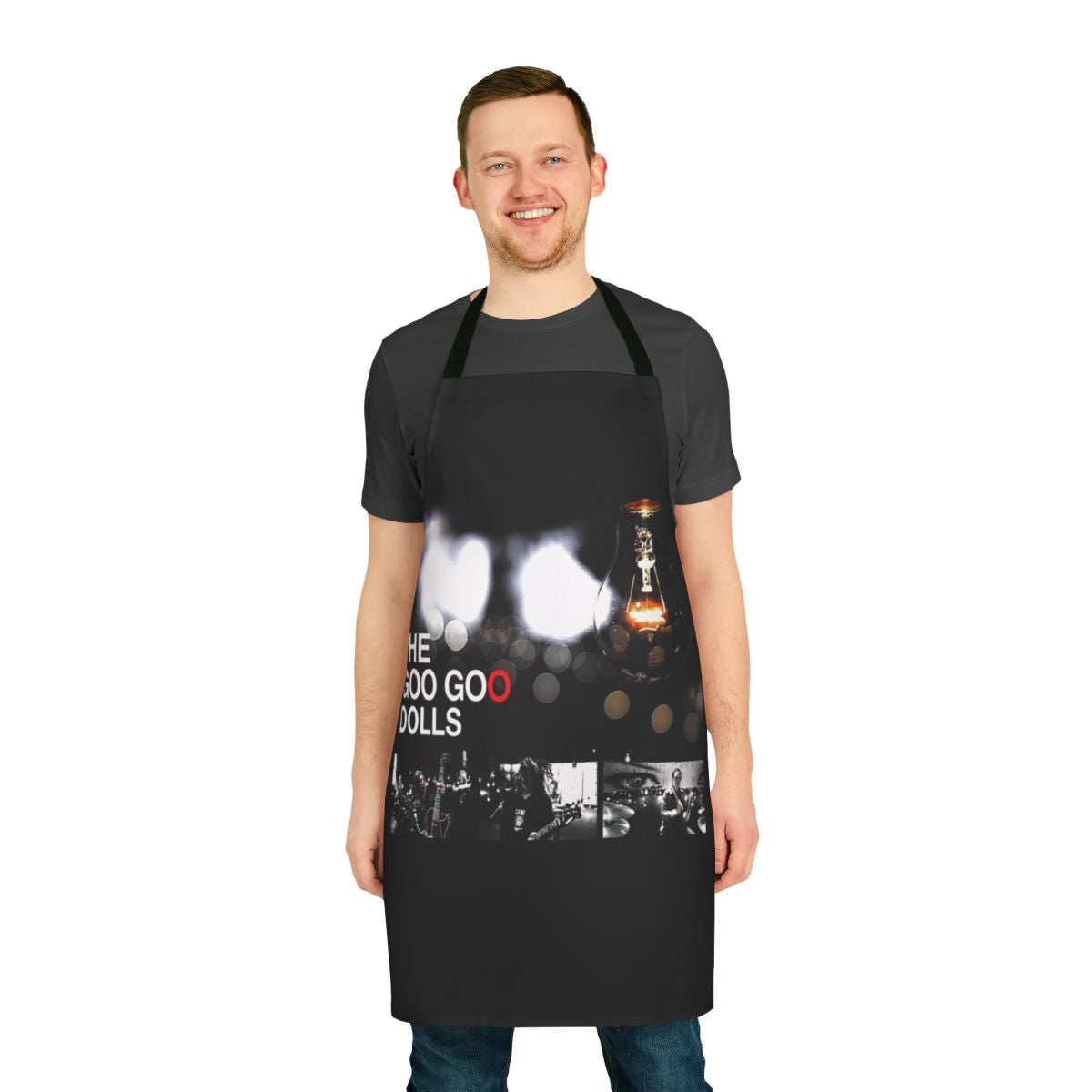 Vintage-style Goo Goo Dolls inspired art design on a high-quality kitchen apron