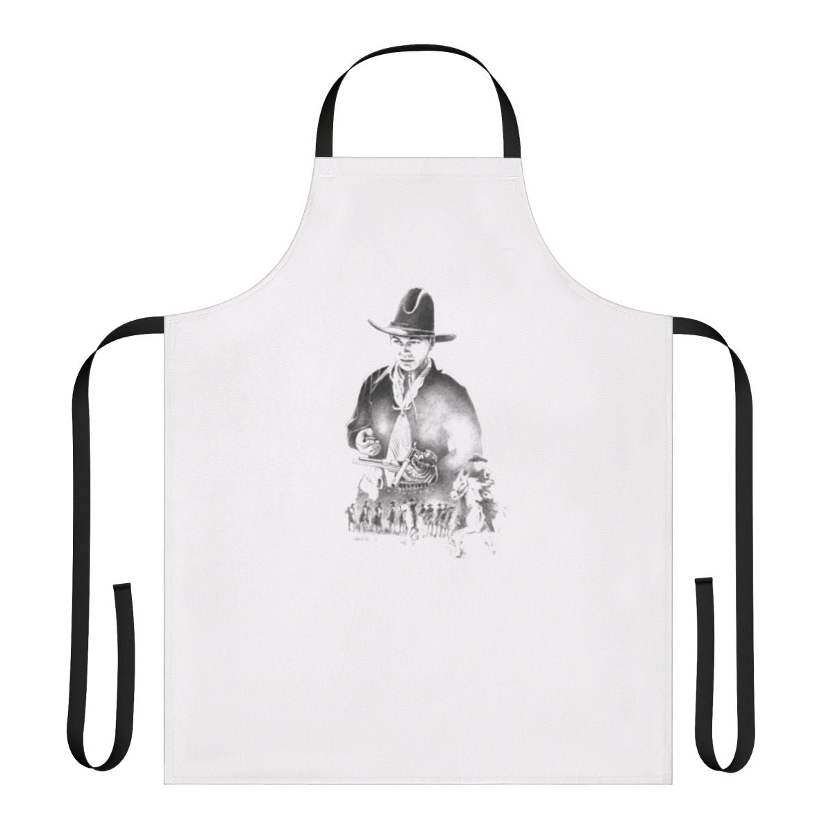 Vintage-style apron featuring the iconic Hopalong Cassidy character in black and white