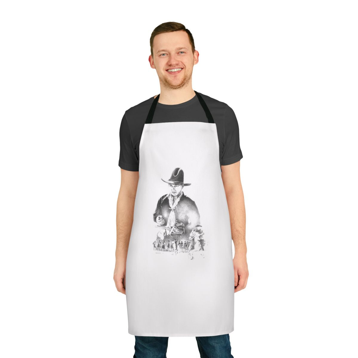 Vintage-style apron featuring the iconic Hopalong Cassidy character in black and white