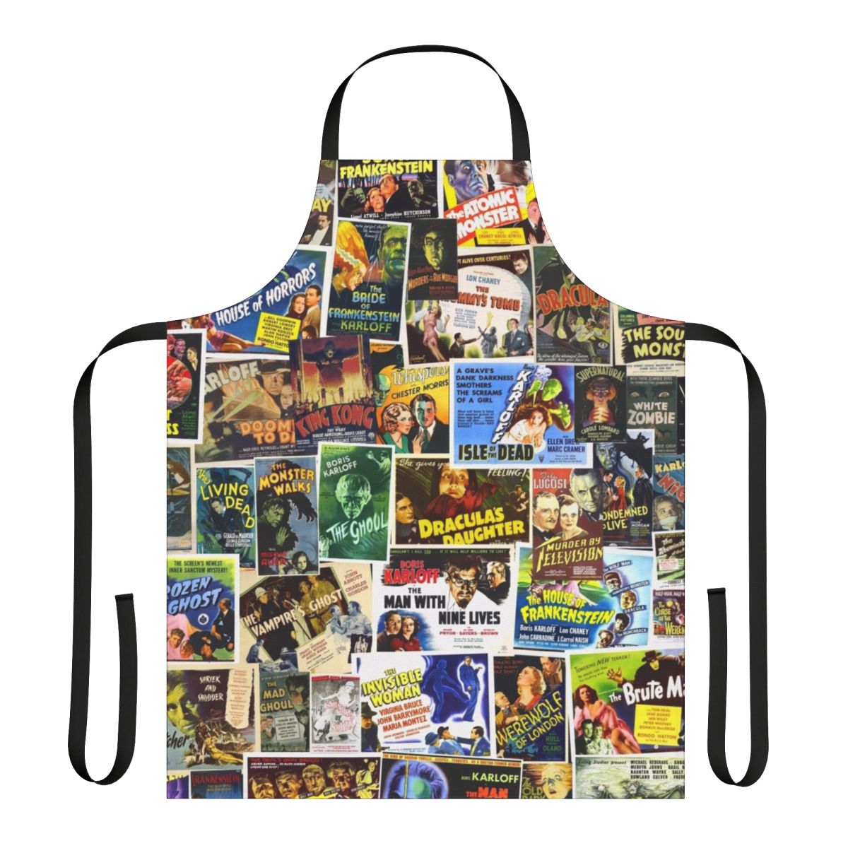 Vintage-style horror movie apron featuring classic horror icons and imagery