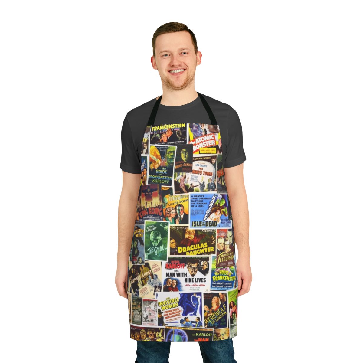Vintage-style horror movie apron featuring classic horror icons and imagery