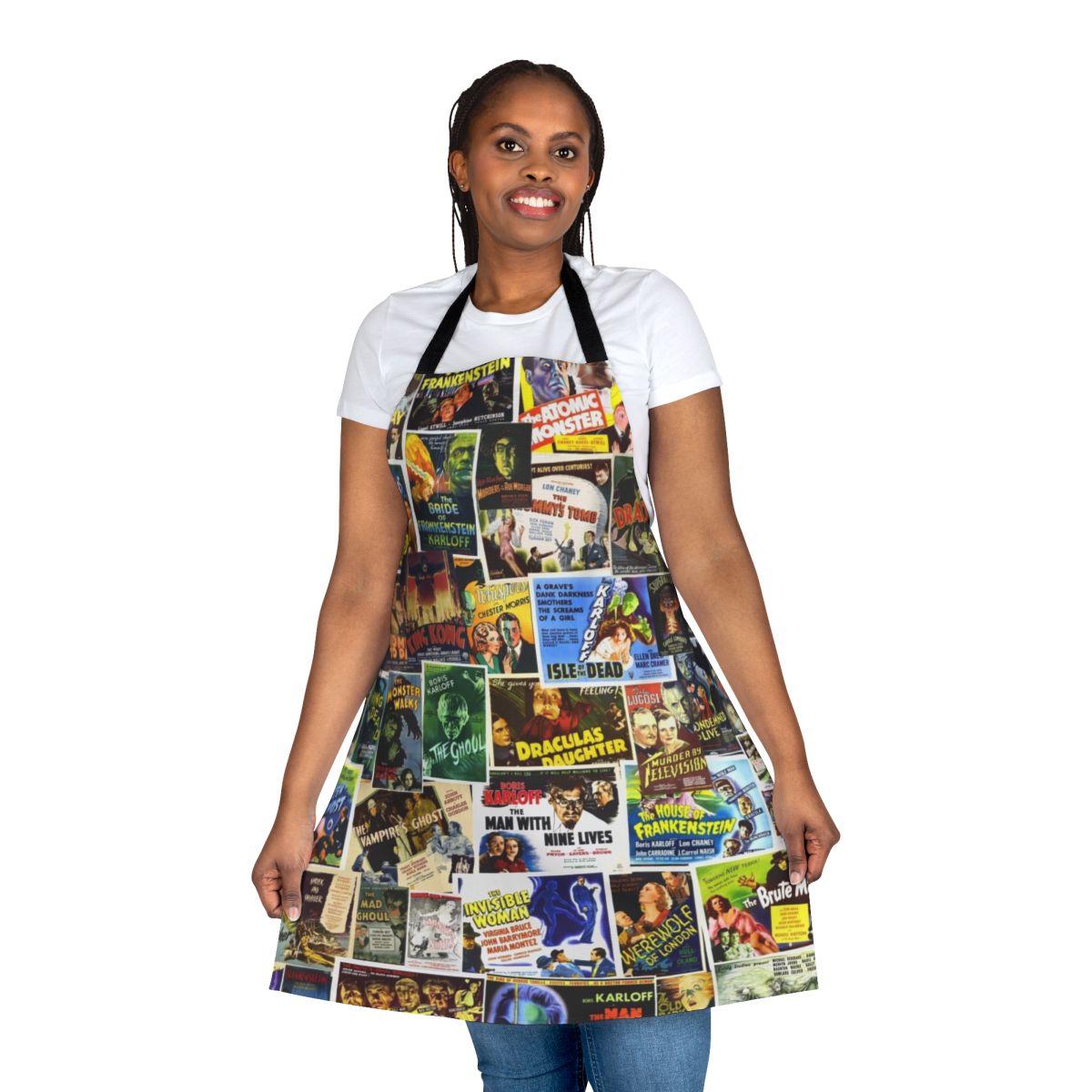 Vintage-style horror movie apron featuring classic horror icons and imagery