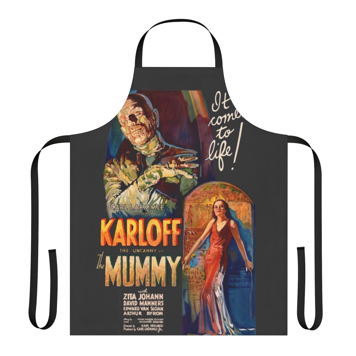 Vintage-style apron featuring a 1932 horror movie poster for The Mummy, starring Boris Karloff.