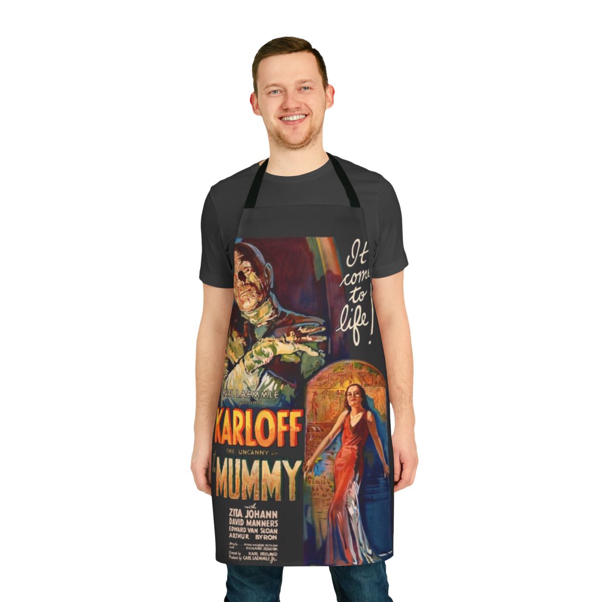 Vintage-style apron featuring a 1932 horror movie poster for The Mummy, starring Boris Karloff.