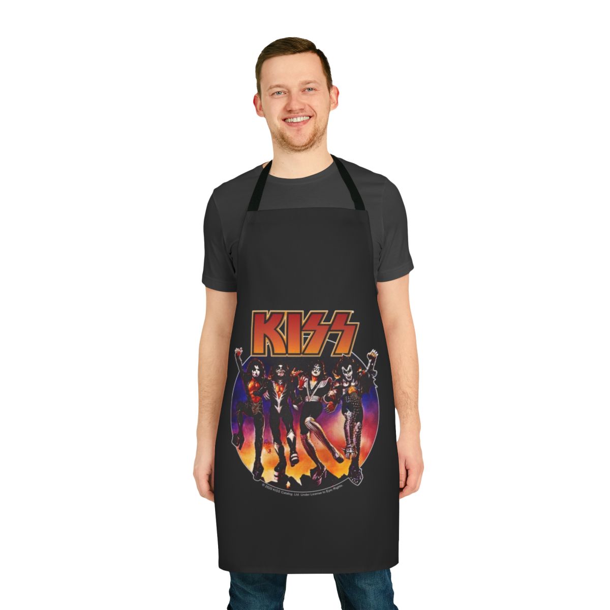 Vintage-style apron featuring a bootleg-inspired Kiss design