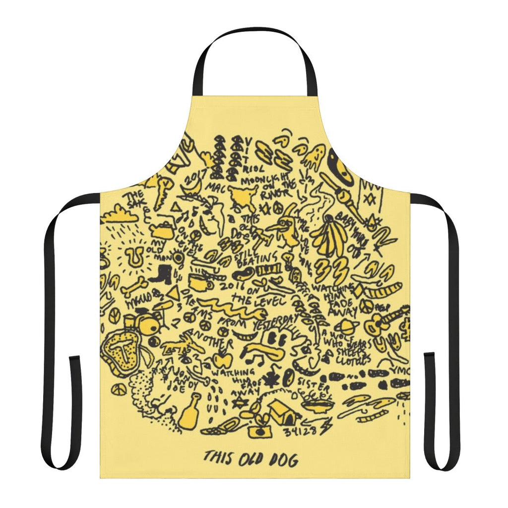 Vintage-style apron featuring album art drawings from Mac DeMarco's 2017 album 'This Old Dog'