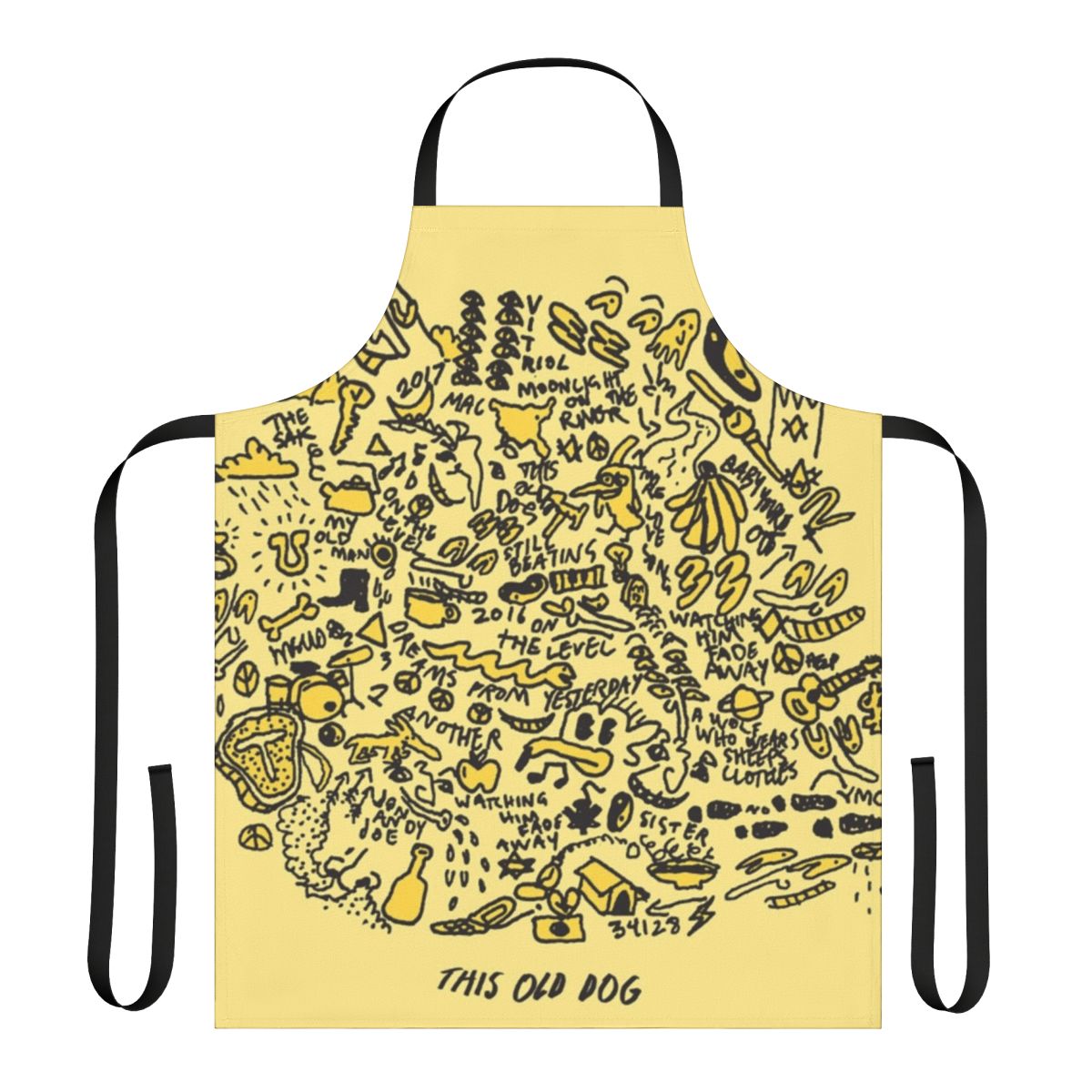 Vintage-style apron featuring album art drawings from Mac DeMarco's 2017 album 'This Old Dog'