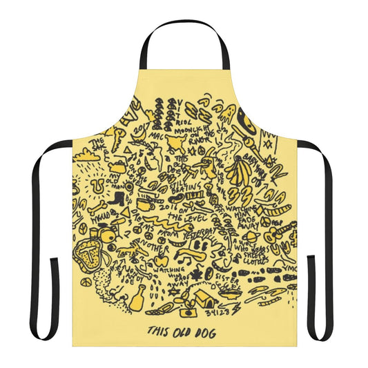 Vintage-style apron featuring album art drawings from Mac DeMarco's 2017 album 'This Old Dog'