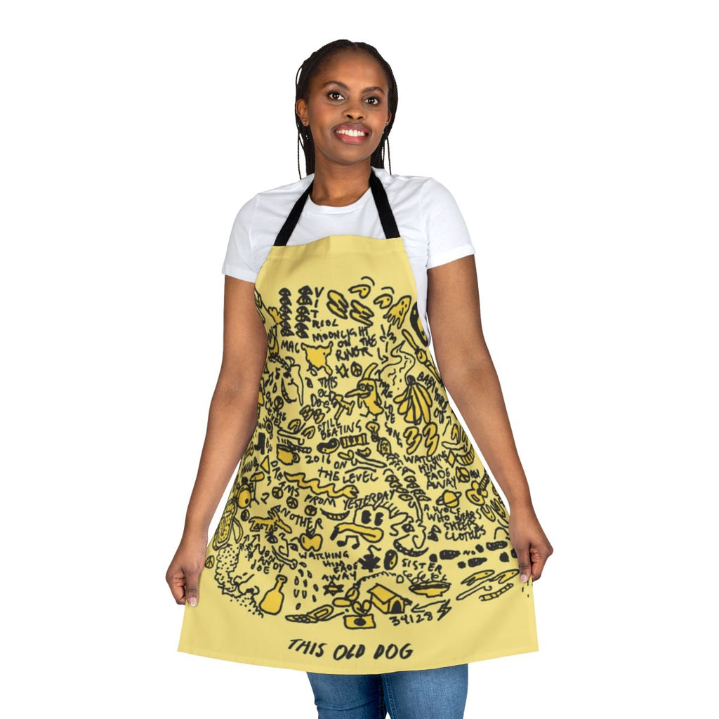 Vintage-style apron featuring album art drawings from Mac DeMarco's 2017 album 'This Old Dog'