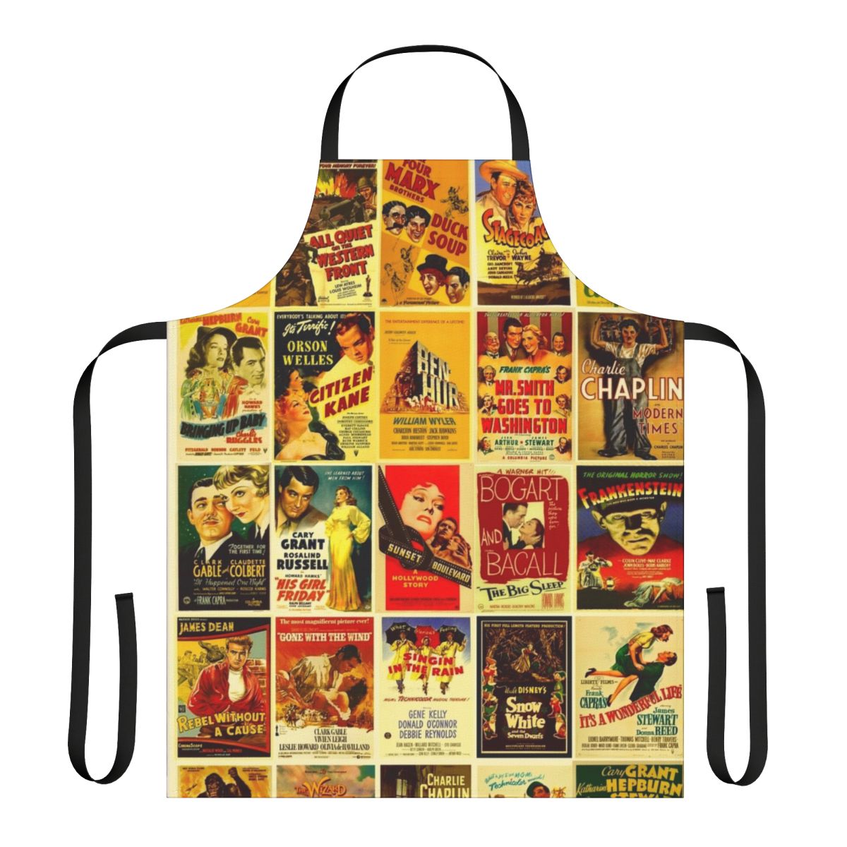 Vintage-style movie poster design printed on a high-quality apron for movie buffs and cinema lovers.