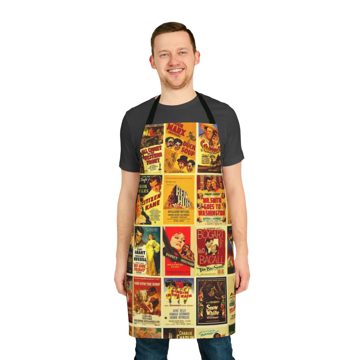 Vintage-style movie poster design printed on a high-quality apron for movie buffs and cinema lovers.
