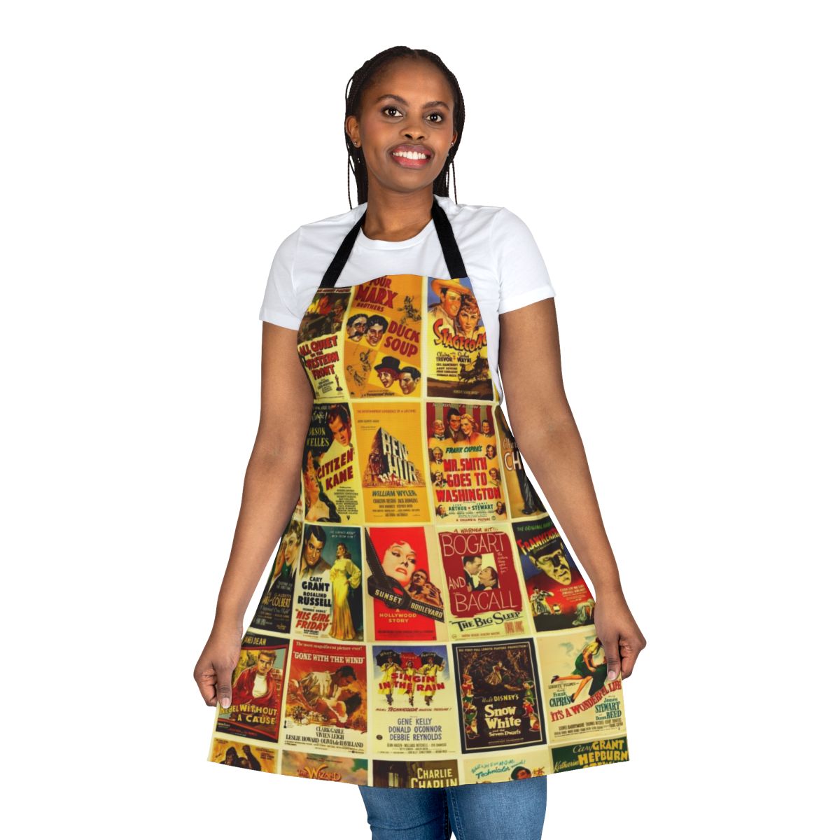 Vintage-style movie poster design printed on a high-quality apron for movie buffs and cinema lovers.