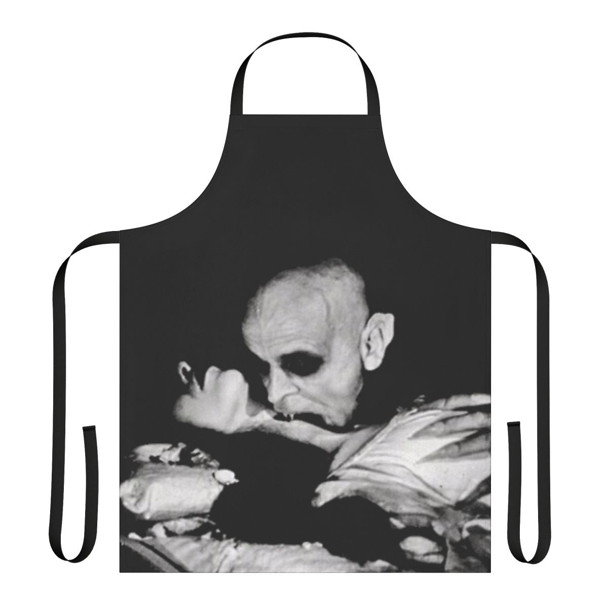 Apron featuring a black and white illustration of Nosferatu, the classic silent horror film character.