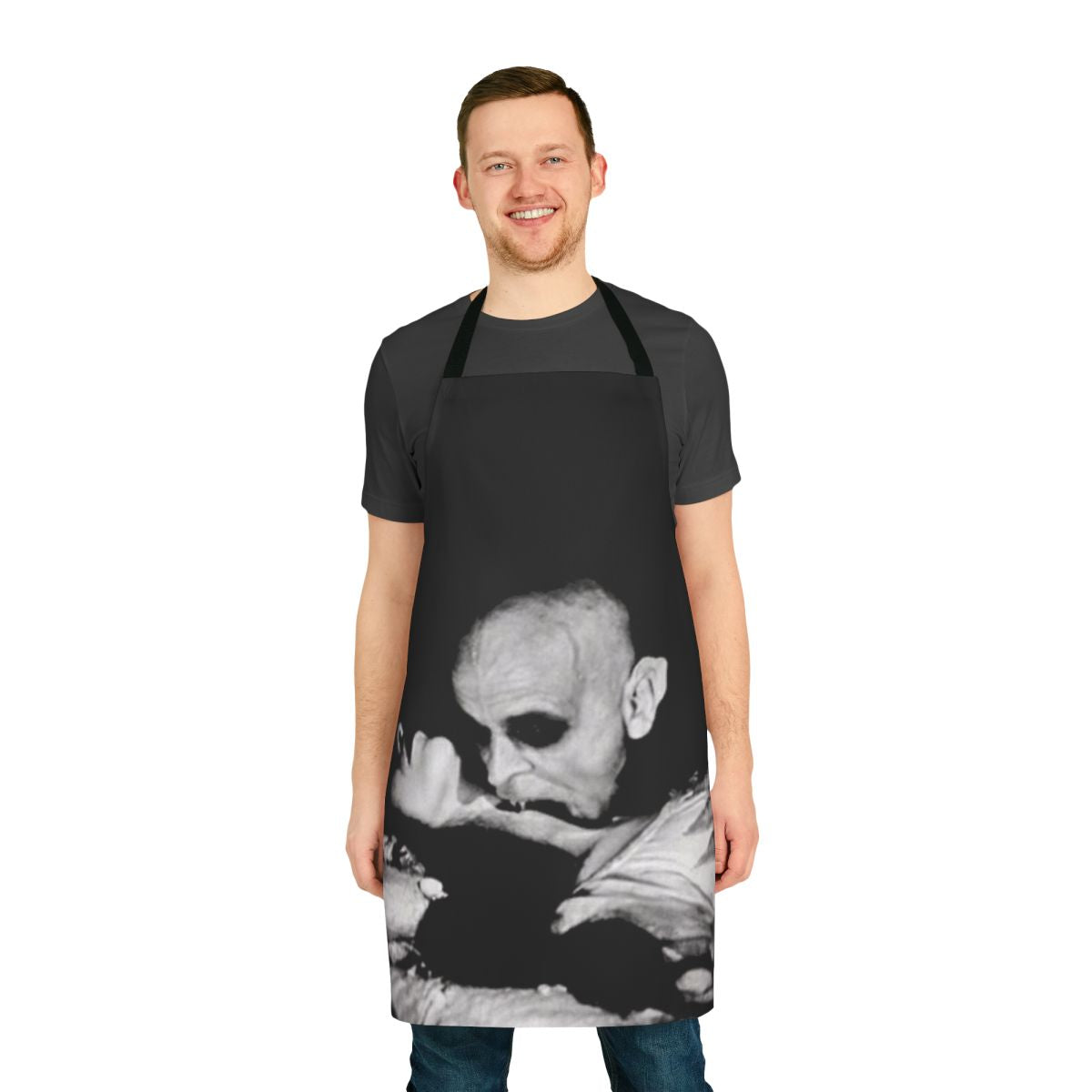 Apron featuring a black and white illustration of Nosferatu, the classic silent horror film character.
