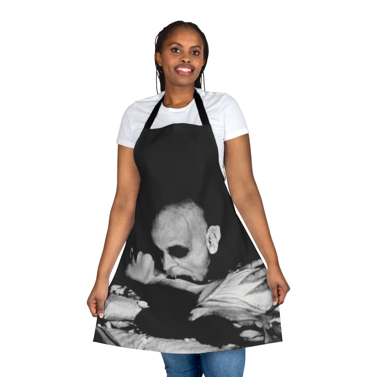 Apron featuring a black and white illustration of Nosferatu, the classic silent horror film character.