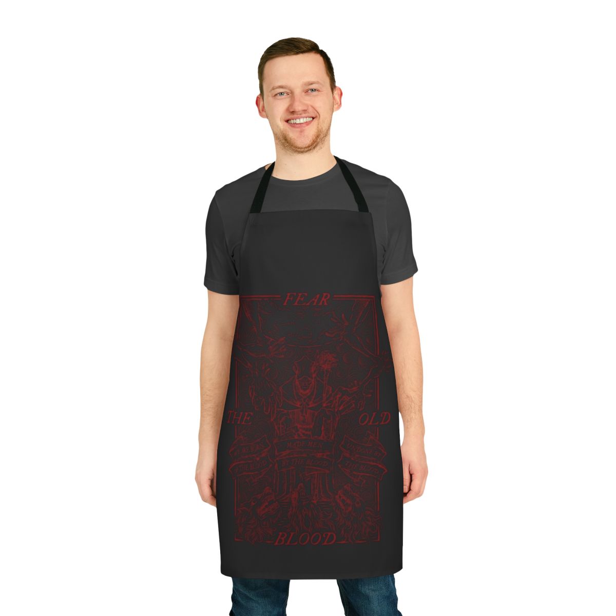 Vintage-style apron with old blood and Lovecraftian horror design