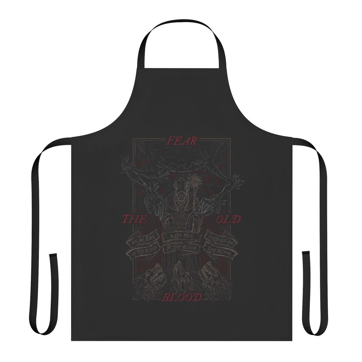 Stylized apron featuring a vintage "old blood" design, inspired by the Soulsborne video game series