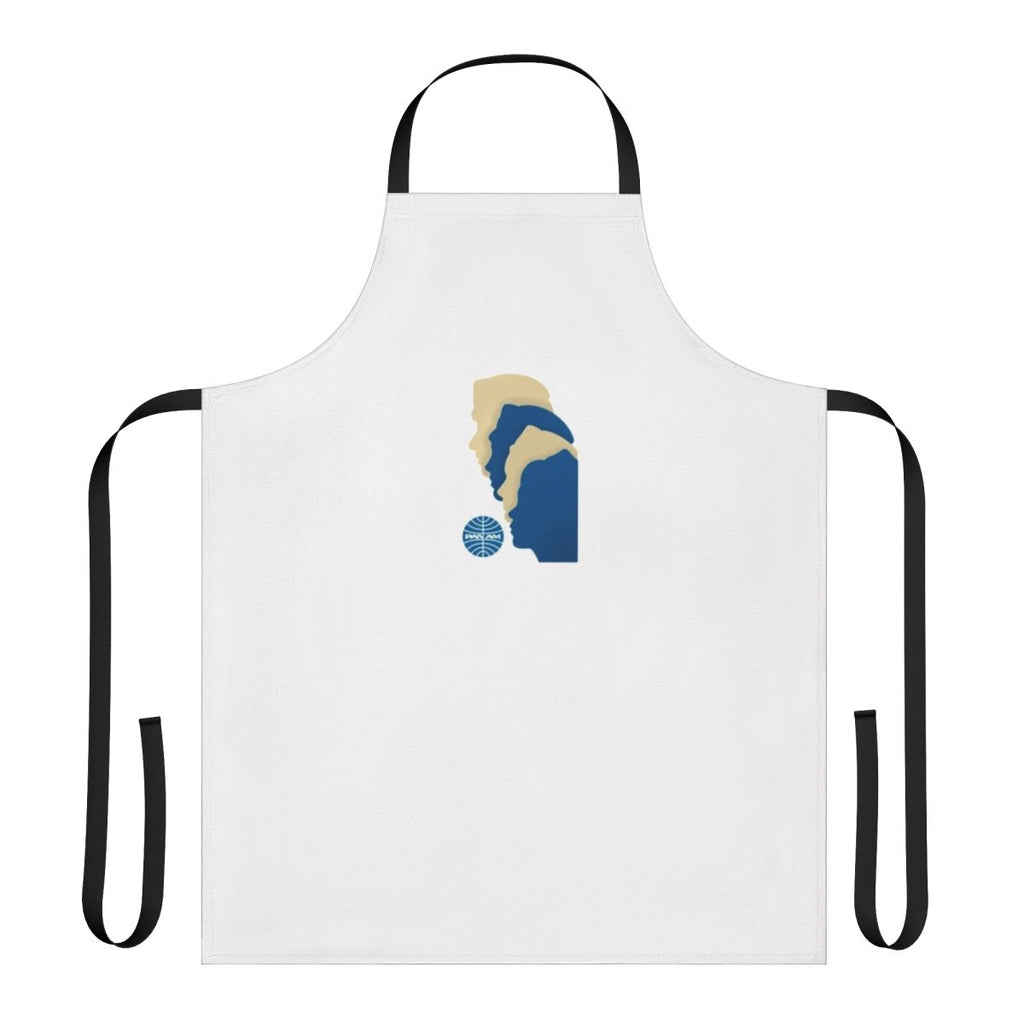 Vintage-style blue and white apron with retro Pan Am airline logo and imagery