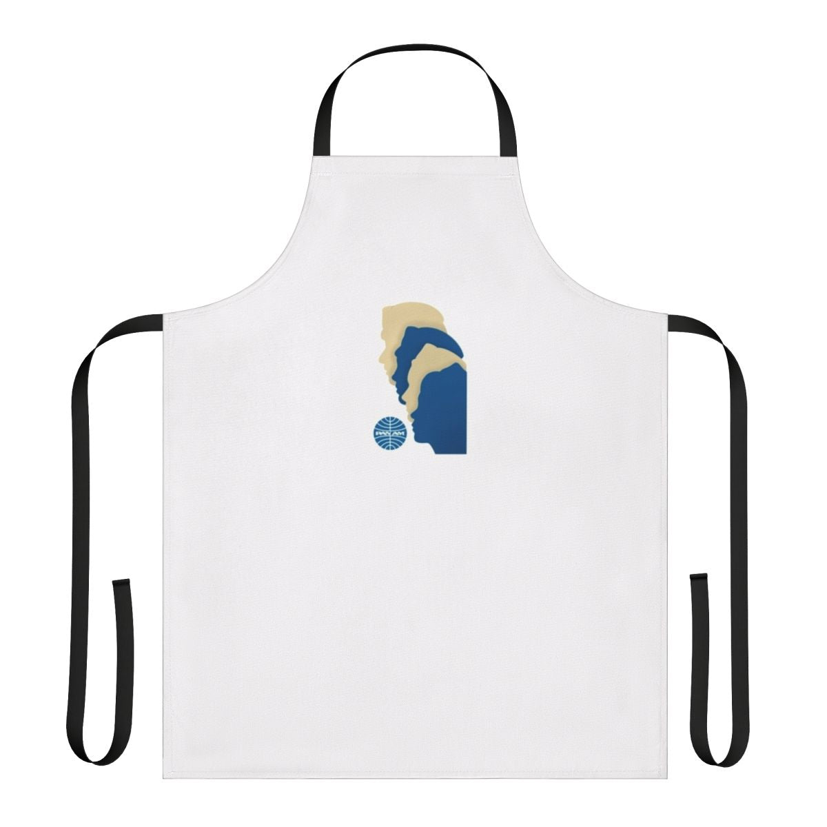 Vintage-style blue and white apron with retro Pan Am airline logo and imagery